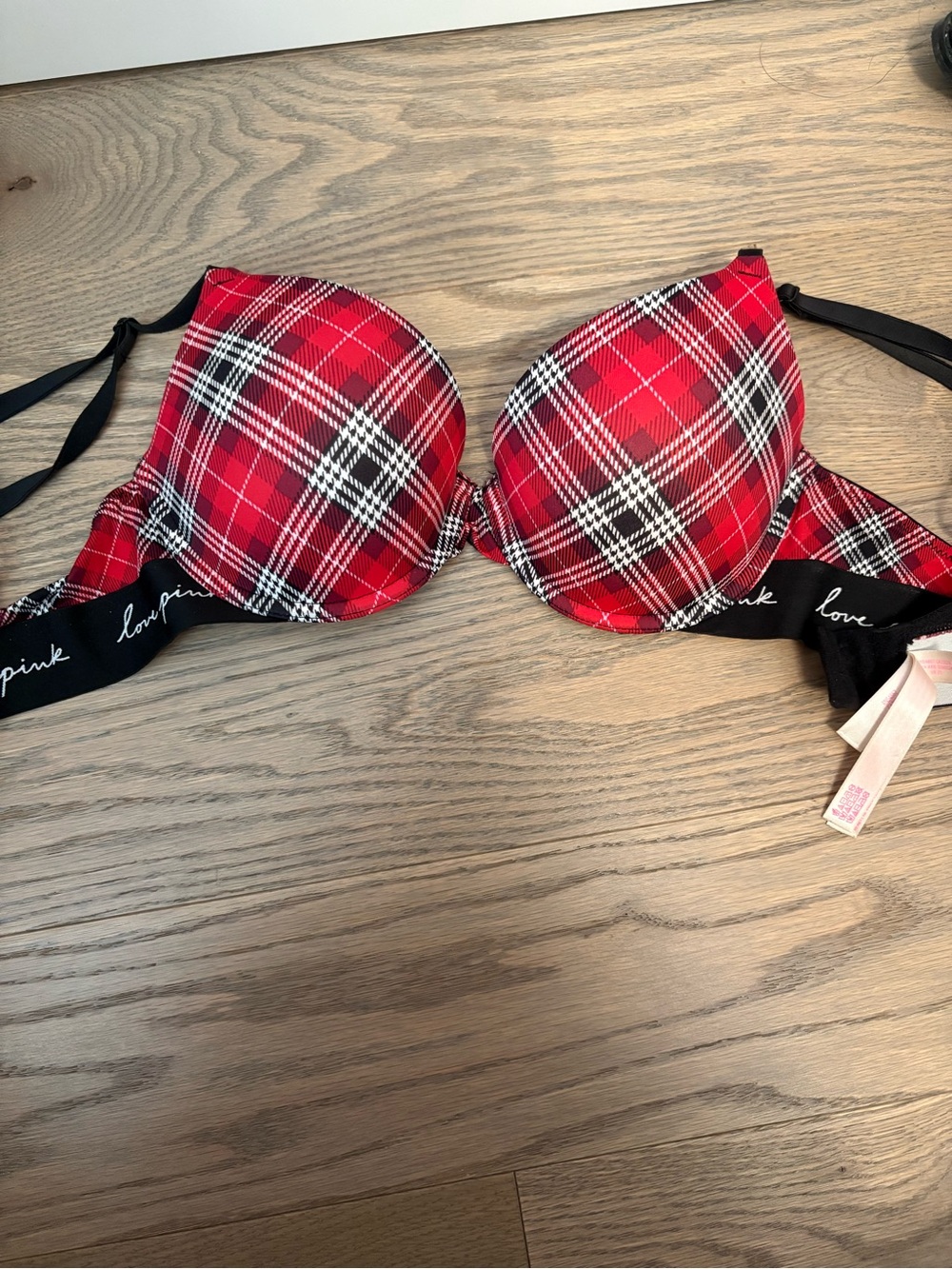 PINK Victoria's Secret Red Plaid Push-Up Bra with Black Band
